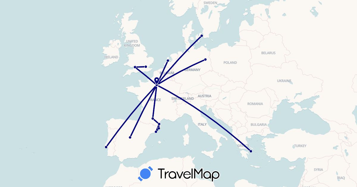 TravelMap itinerary: driving in Germany, Denmark, Spain, France, United Kingdom, Greece, Netherlands, Portugal (Europe)